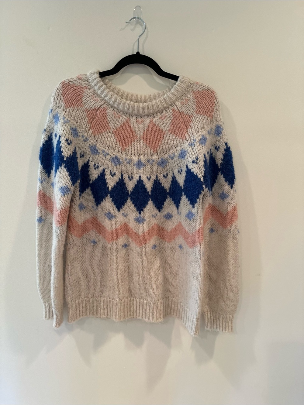 Vero Moda Ivory Fair Isle Crewneck Sweater with Pink & Blue Accents